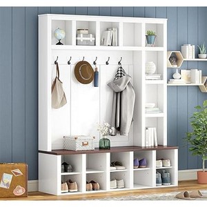 Hall Tree with Bench and Shoe Storage, Farmhouse Wooden Coat Rack with 6 Hooks, Built-in 18 Open Compartments, for Entryway, Living Room, White - 1 of 2