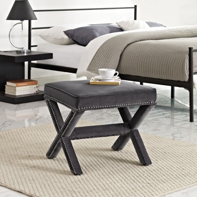 Elegant Gray Velvet Rivet Bench with Nailhead Trim