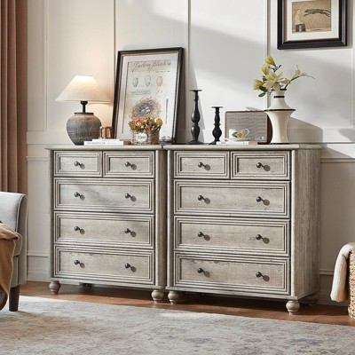 Aukfa Farmhouse 5-Drawer Chest of Drawers Set of 2 with Fluted Trim, Tall Bedroom Dresser in Weathered Gray