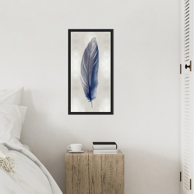 Blue Feather on Silver II Vertical Canvas Print with Black Frame