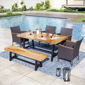 Captiva Designs 6Pc Patio Dining Oil Finished Tabletop Acacia Wood Table & Rattan Chairs & Backless Wood Bench - 1 of 4