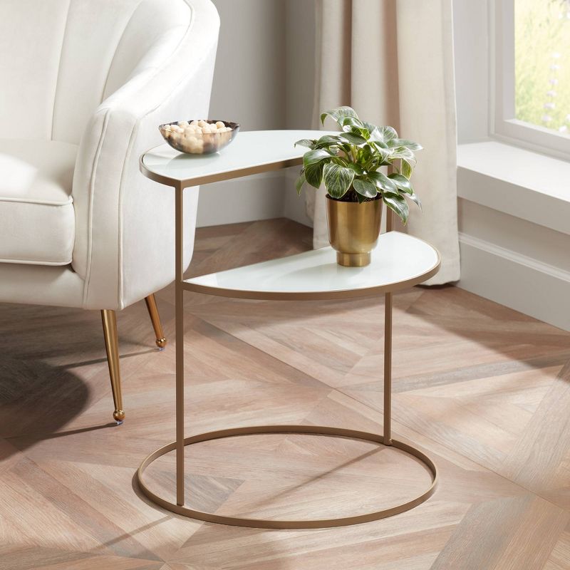 Kensington Hill Danica Modern Metal Accent Side End Table 25" x 22 1/4" Gold 2-Tier Half-Moon White Tempered Glass for Living Room Bedroom Bedside, 2 of 9
