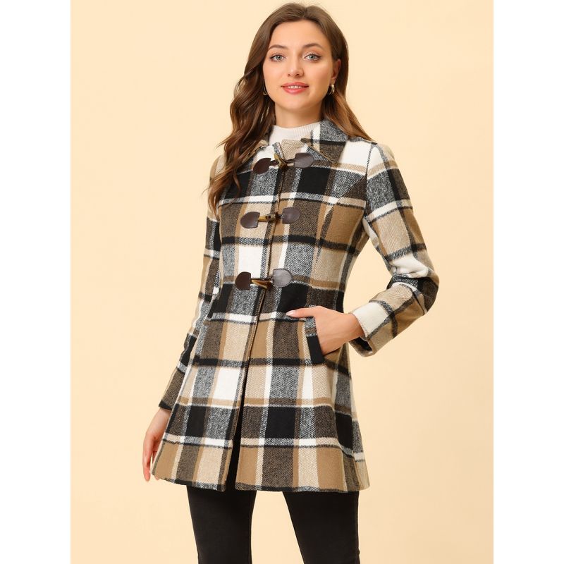 Allegra K Women's Toggle Outerwear Classic Turn Down Collar Plaid Duffle Front Pea Coat, 2 of 7
