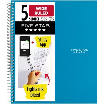 Five Star 200pg 5 Subjects Wide Ruled Spiral Notebook (Colors May Vary): Multi Subject, Perforated Pages, Flexible Cover