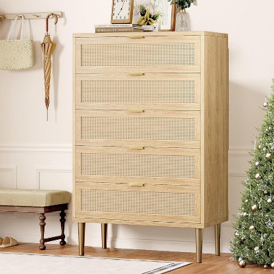 homfan Rattan 5 Drawer Dresser, 44''Tall Narrow Chest of Drawer, Farmhouse Wooden Vertical Dresser with Metal Legs and Handles, Modern Cabinet