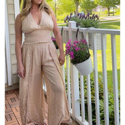 Women's Tan and Gold Lurex Halter Top - SURF GYPSY