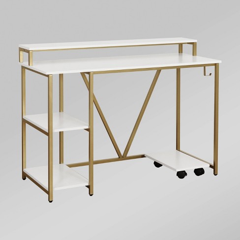 Techni Mobili White and Gold Desk for Office with Drawers & Storage