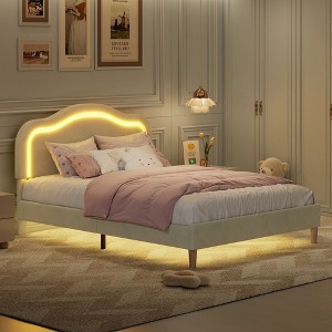 VASIP Queen Velvet Platform Bed - App-Controlled RGB LED & Height-Adjustable Headboard, No Box Spring, Tool-Free Assembly for Apartments (Beige) - 1 of 4