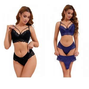 INSPIRE CHIC 2 Sets Women's Cross-Straps Bralette and Panty Mesh Floral Lace Bra and Underwear - 1 of 4