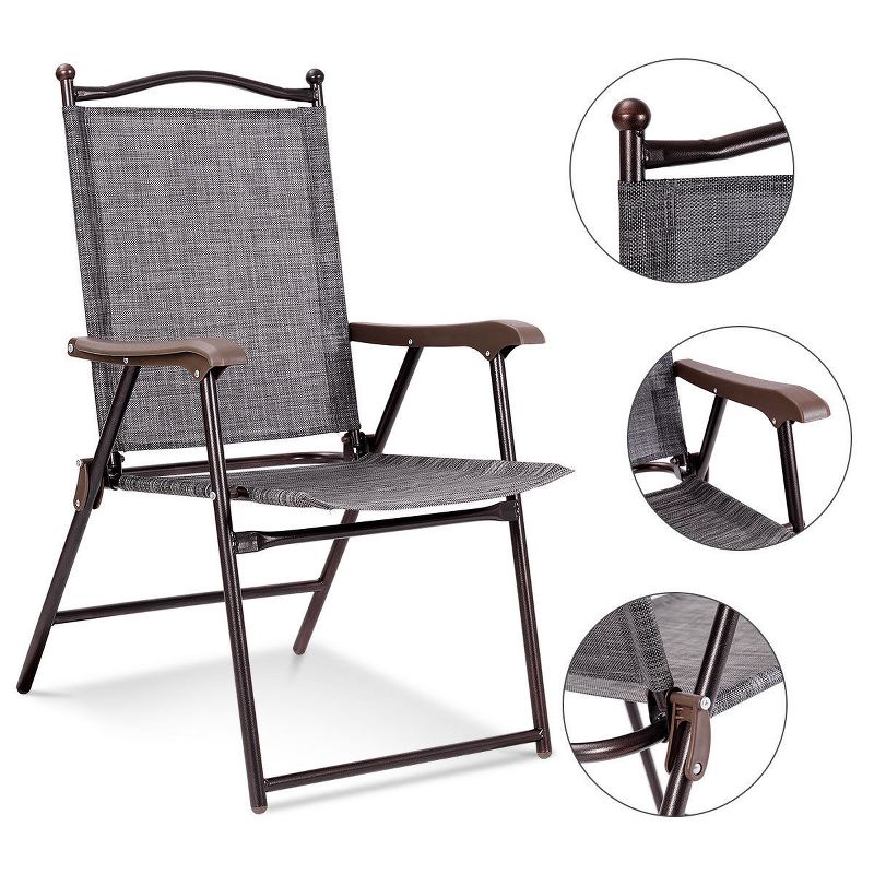 Costway Set of 2 Patio Folding Sling Back Chairs Camping Deck Garden Beach Brown/Black/Gray/Yellow, 5 of 10