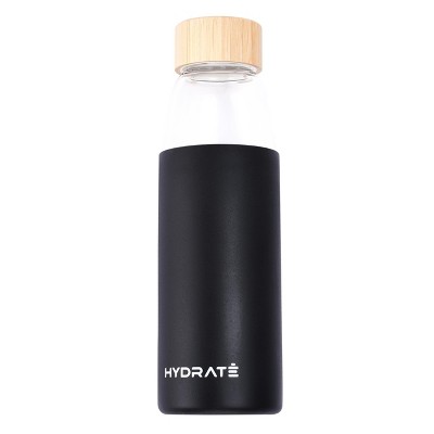 HYDRATE 20 oz Black Glass Water Bottle with Bamboo Lid