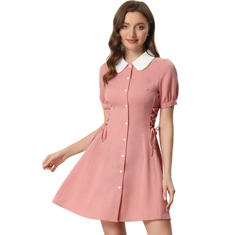 Женские платья INSPIRE CHIC Women's Vintage Peter Pan Collar Short Sleeve Button Down A-Line Mini Dress Medium Pink