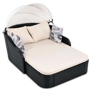 Mshliw 79.9" Outdoor Sun Lounger with Adjustable Canopy, Curved Armrests, and Pillows – PE Rattan Daybed for Patio, Deck, or Garden - 1 of 4