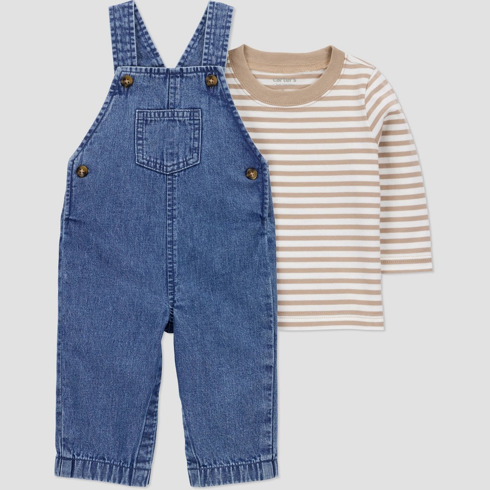 Carter's Just One You® Baby Boys' 2pc Striped Long Sleeve T-Shirt and Denim Overalls Set - Blue/Off-White Newborn