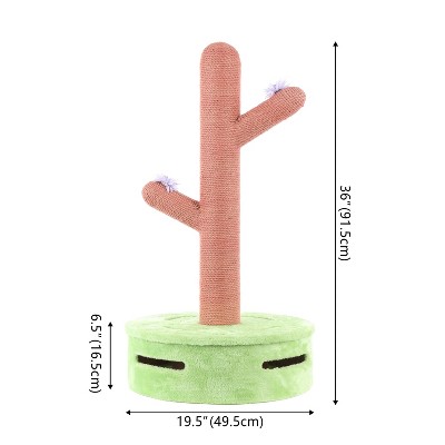 Rosa 36" Pink and Green Jute Cactus Cat Scratching Post with Flower Toys