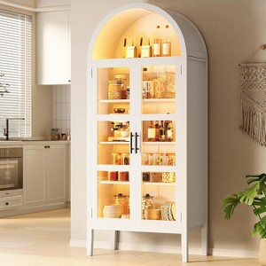 70" Tall Arched Kitchen Pantry Cabinet with LED Lights, Modern Wood Arched Bookshelf with Glass Doors & Adjustable Shelves - 1 of 4