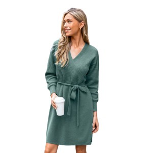 Women's Cozy Knit Wrap V-Neckline Sweater Dress - Cupshe - 1 of 4