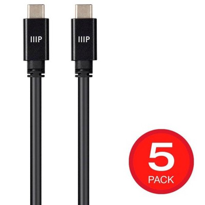 Monoprice Ultra Compact USB Type-C 3.2 Gen2 Cable - 1 Meter (3.3 Feet) Black (5 Pack) 10Gbps, 5A, SuperSpeed, 4K Video, PD Fast Charge, For MacBook