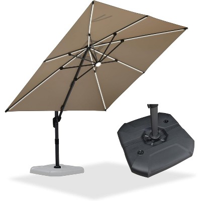 PURPLE LEAF 10x10 Ft Cantilever Umbrella Square Solar Powered LED Outdoor Patio Umbrella with 360°Rotation Adjustable With Base