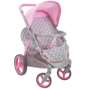 Cotton Candy Pink Twin Tandem Doll Stroller in Grey Polka Dots Fits 2 Dolls 18" - 1 of 4