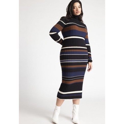 ELOQUII Women's Plus Size Striped Turtleneck Sweater Dress, 26/28 - Campus  Stripe Brown