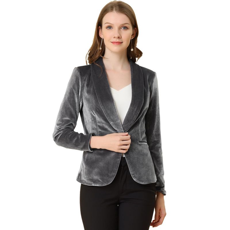 Allegra K Women's Office Solid Shawl Collar Jetted Pockets One Button Velvet Blazer, 1 of 8