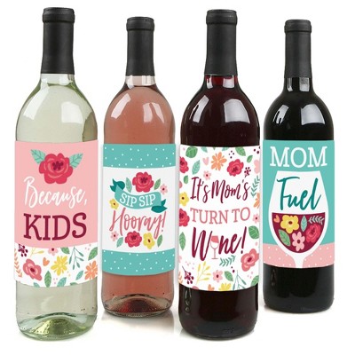 Big Dot of Happiness Colorful Floral Happy Mother's Day - We Love Mom Party Decorations for Women and Men - Wine Bottle Label Stickers - Set of 4