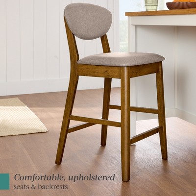 Walnut and Gray Upholstered Wood Counter Height Bar Stool Set, 2-Piece