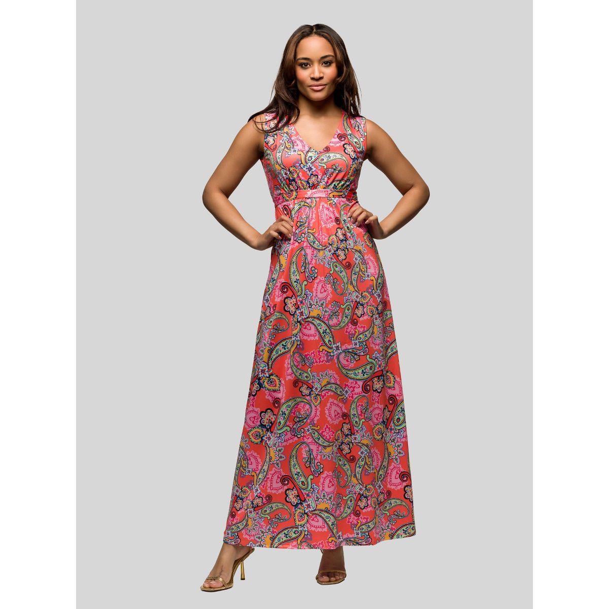 24seven Comfort Apparel Womens Pink Paisley Print V Neck Empire Waist Sleeveless Maxi Dress