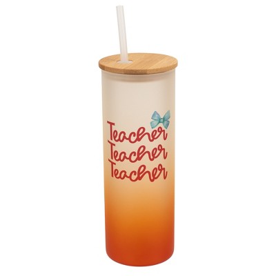 Elanze Designs 25 Ounce Frosted Glass Gradient Travel Tumbler With Straw and Wooden Lid, Teacher Orange