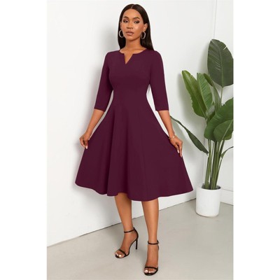 Clotth Women's Midi Dress - 3/4 Sleeve V Neck, A-Line Fit and Flare, Cocktail Wedding Guest Work Dress with Pockets