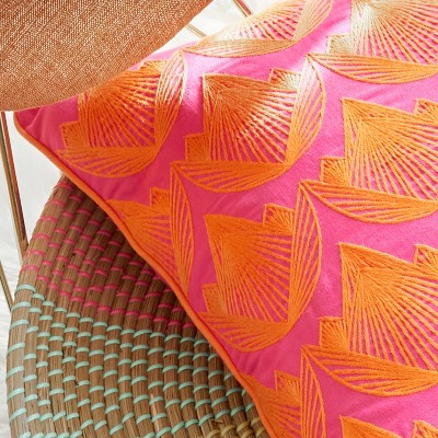 Lotus Embroidered Square Pillow in Orange and Magenta