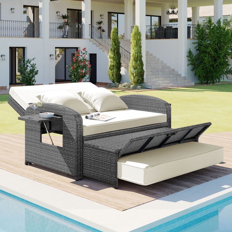 Patio PE Rattan Double Chaise Lounge, Reclining Daybed with Adjustable Back and Cushions-ModernLuxe, 2 of 13