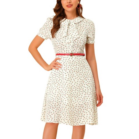 Женские платья INSPIRE CHIC Women's Peter Pan Collar Tie Neck Short Sleeve A-Line Elegant Belted Floral Dress Medium White