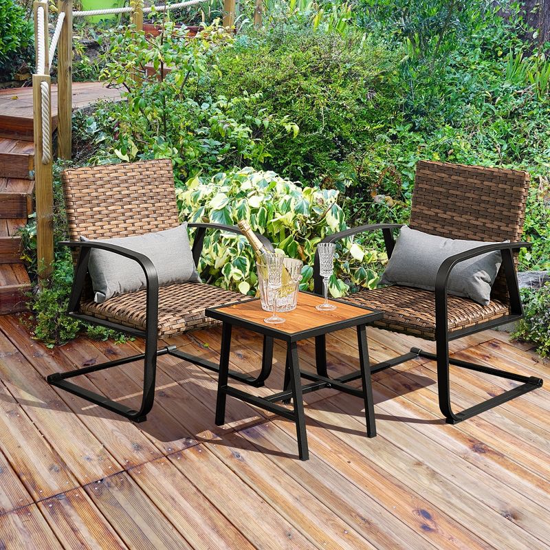 Costway 3 PCS Patio Rattan Furniture Bistro Set C-Spring Chair Padded Seat & Back Pillow Quick Dry, 1 of 11