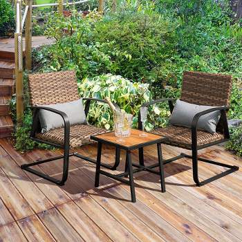Costway 3 PCS Patio Rattan Furniture Bistro Set C-Spring Chair Padded Seat & Back Pillow Quick Dry