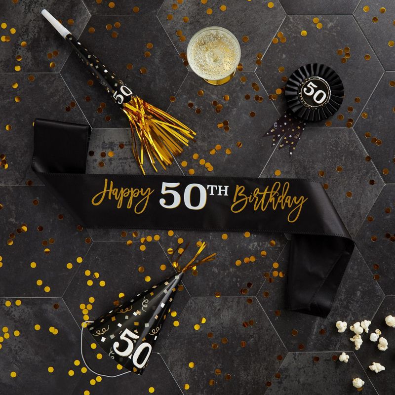 Sparkle and Bash 4 Piece 50th Birthday Party Supplies, Button Pin, Sash, Hat, Blower (Black, Gold), 2 of 8