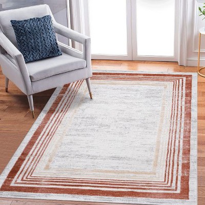 Kumasinova Bordered Area Rug, Non-Slip Medium-Pile Living Room Rug, Stain-Resistant Door Mat, Kids & Pets Friendly, Non-Shedding, Brown