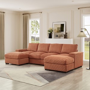 122" Corduroy Upholstery U-Shaped Sectional Sofa with Deep Seats, 2 Movable Ottomans, and Armrest Storage - 1 of 4