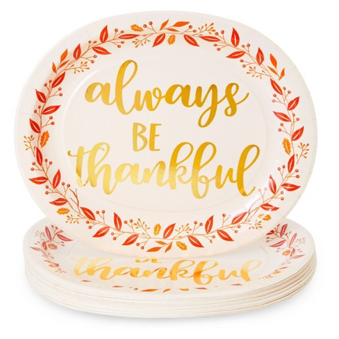 Sparkle and Bash 24-Pack Large Oval Thanksgiving Paper Plates, Heavy Duty Serving Plates with Fall Leaves, Pink with Gold Foil, 13x11 in - image 1 of 4