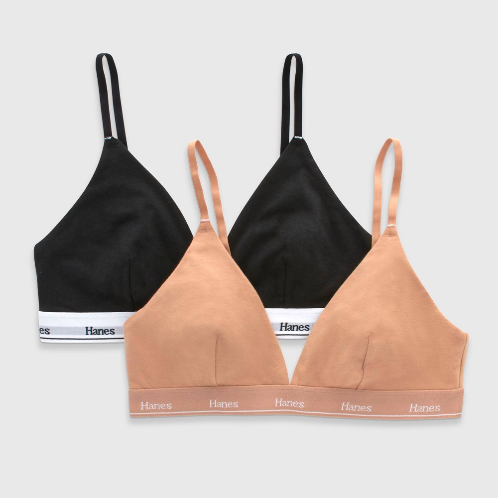 Hanes Women's 2pk Original Stretch Triangle Bralette - Black/Camel L