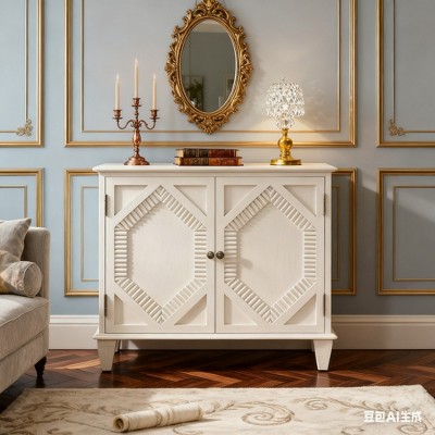 TIRAMISUBEST 65.2" Mid Century Modern Sideboard Buffet Cabinet with Storage, Symmetrical Geometric Accent Coffee Bar Wine Bar Storage Cabine, Brown