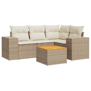 vidaXL Patio Sofa Set with Cushions Outdoor Furniture 5 Piece Poly Rattan - Beige and Cream - 1 of 4