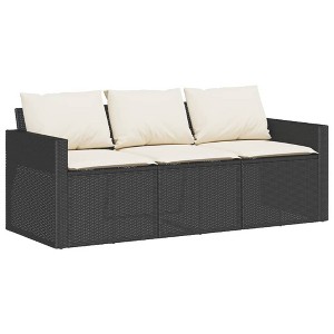 vidaXL Patio Sofa with Cushions 3-Seater Outdoor Seating Black Poly Rattan - Weather Resistant & Removable Covers - 1 of 4