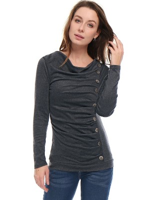 Allegra K Women's Cowl Neck Long Sleeves Buttons Decor Solid Ruched Top