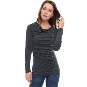 Allegra K Women's Cowl Neck Long Sleeves Buttons Decor Solid Ruched Top - 1 of 4