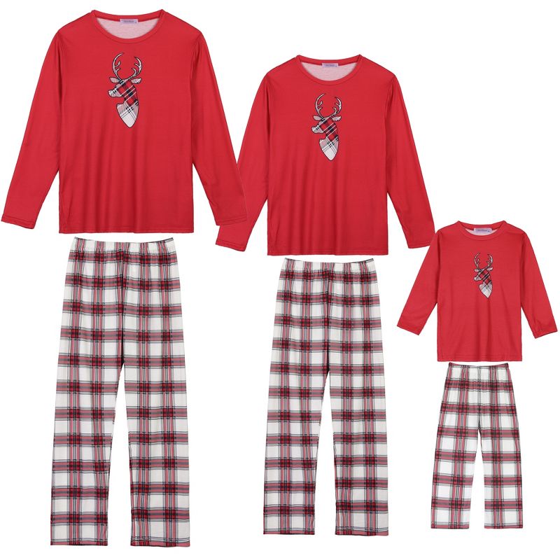 cheibear Christmas Elk Print Tops with Plaid Pants Xmas Sleepwear Family Pajama Set, 1 of 6