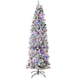 Best Choice Products Pre-Lit Artificial Snow Flocked Pencil Christmas Tree Decoration w/ Multicolor Lights - 1 of 4