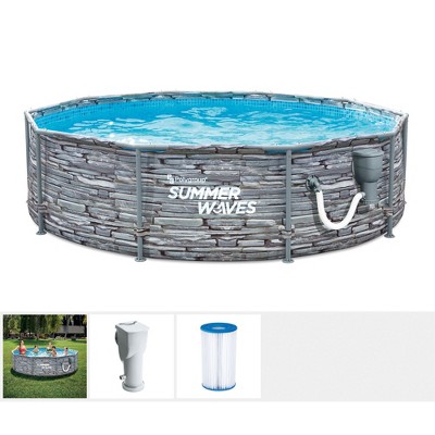 Summer Waves Active 12 Foot x 33 Inch Stone Slate Print Metal Frame Above Ground Swimming Pool Set w/ Filter Pump, Type D Cartridge, and Repair Patch