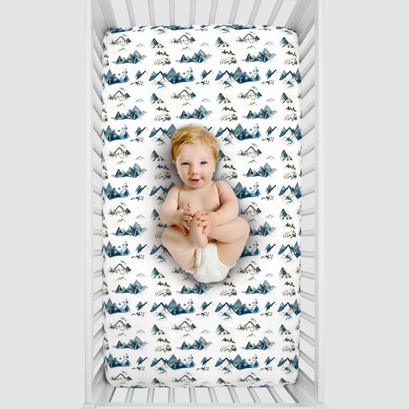 NoJo Super Soft Blue, Green, Tan and White Mountain Watercolor Fitted Crib Sheet, 4 of 5